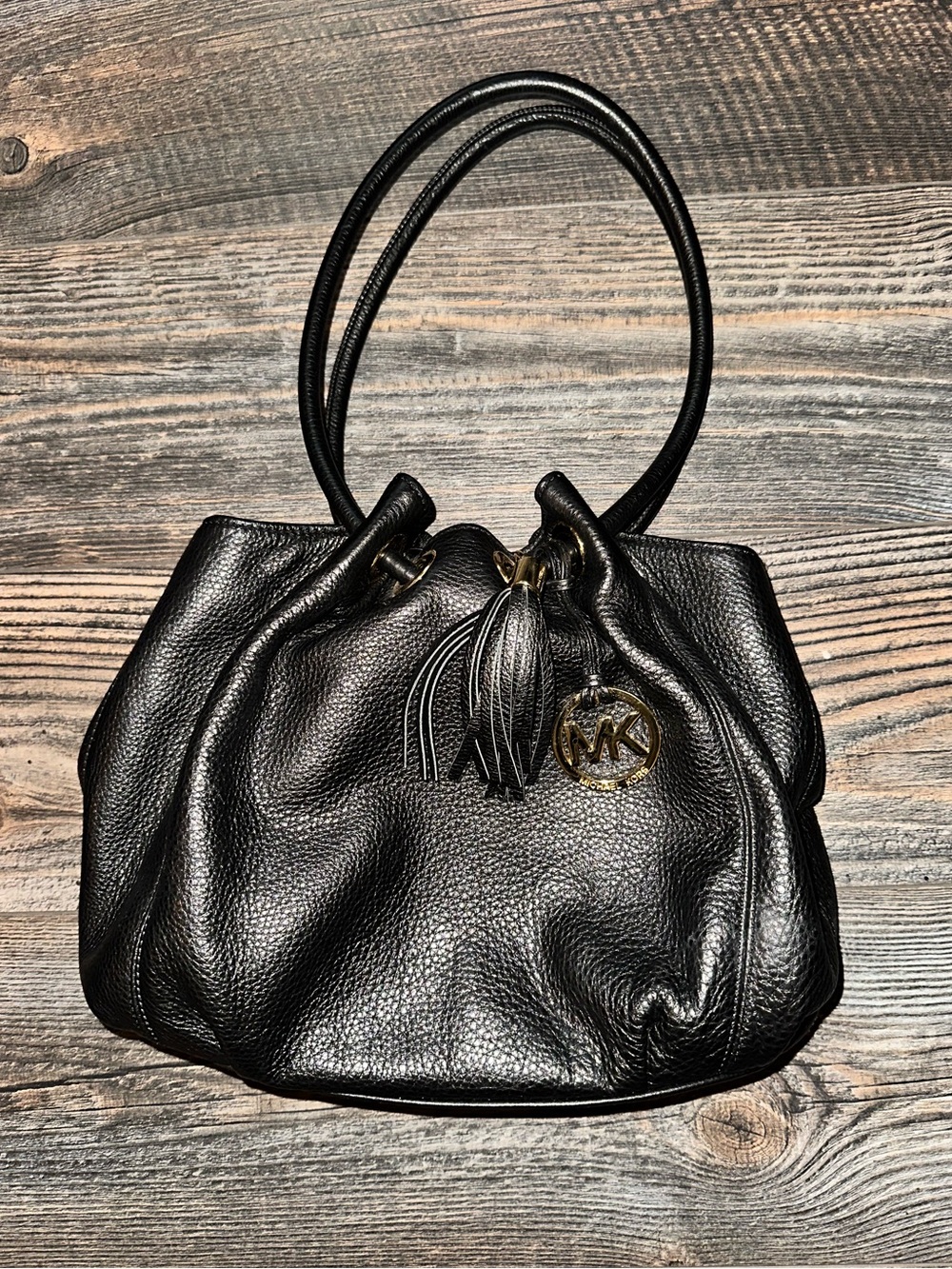 Michael Kors Black Pebbled Leather Shoulder Bag with Tassel and MK Charm